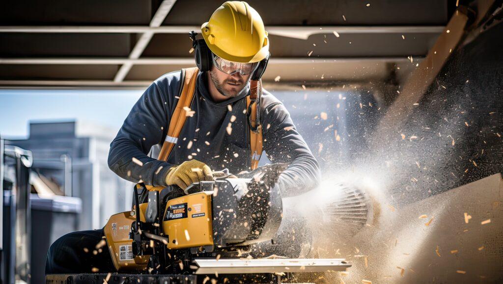 Arbeiter schneidet auf einer Baustelle mit einer Kreissäge ein Holzbrett