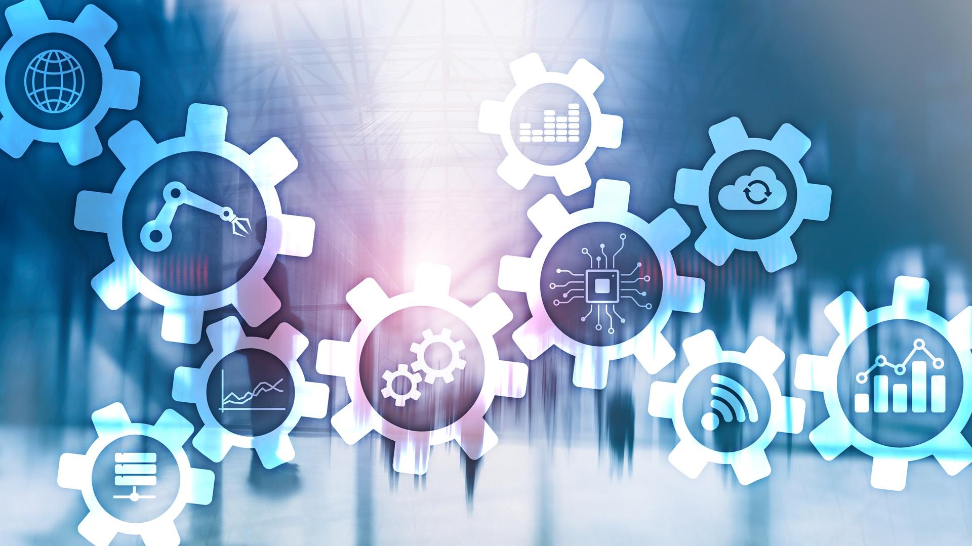 Zahnräder mit IoT-Symbolen in Bewegung | Zisterne
