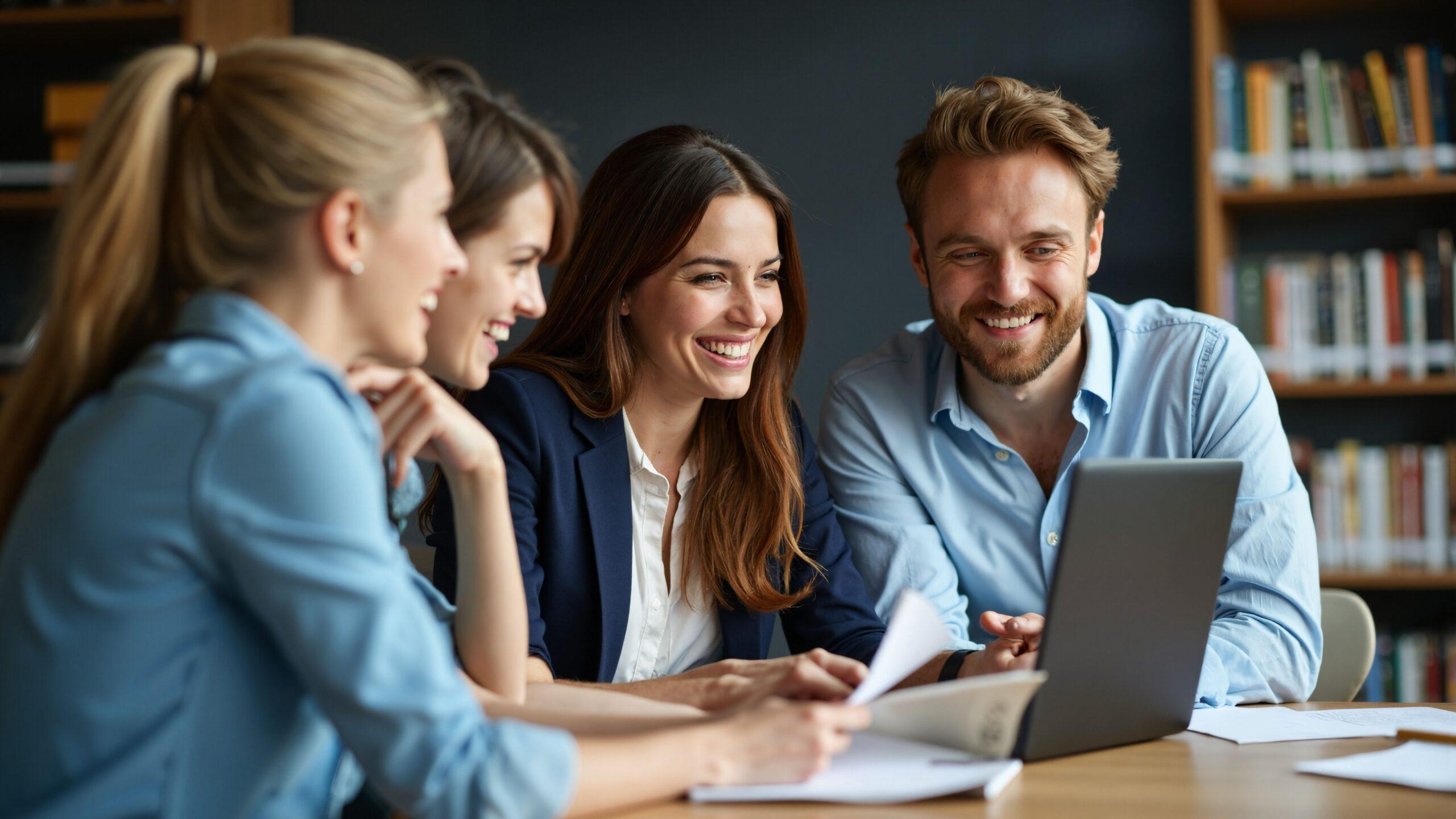 Zufriedenes Team arbeitet gemeinsam in gesunder Unternehmenskultur