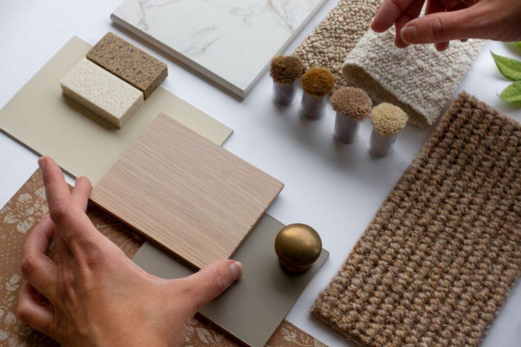 Hand greift nach Materialmustern für Wandgestaltung: Steinwand, Holz, Textil und Teppich – Auswahl strukturierter Oberflächen für Innenräume