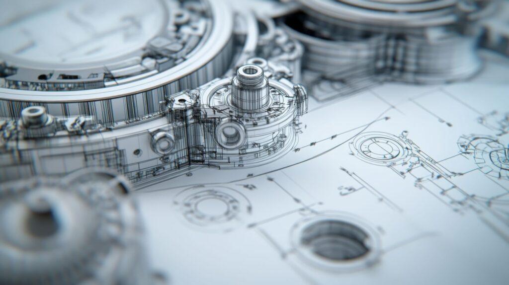 Detailaufnahme einer technischen Zeichnung mit Konstruktionsplan fuer eine Montagevorrichtung