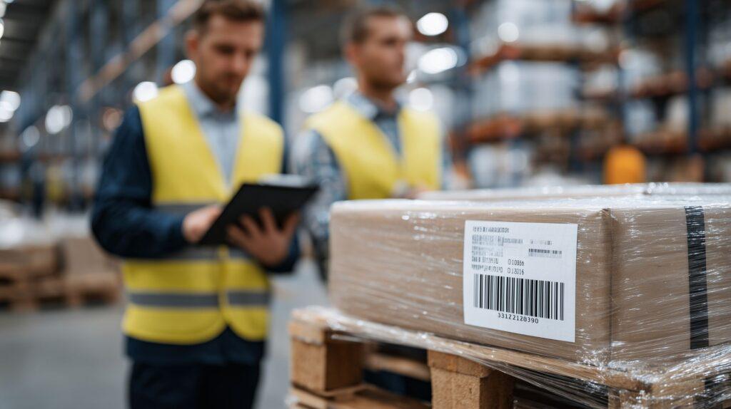 Zwei Lagerarbeiter mit Warnweste prüfen mit einem Tablet den Barcode auf einer verpackten Palette