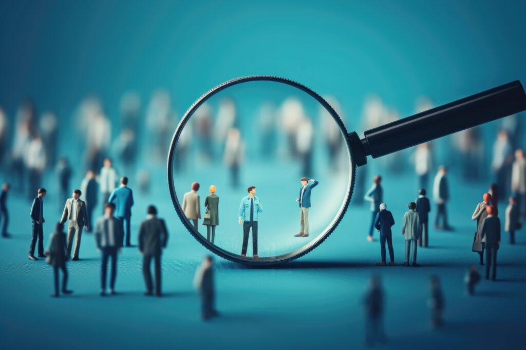 Personen stehen im Fokus einer Lupe | Pflegejobs Frankfurt