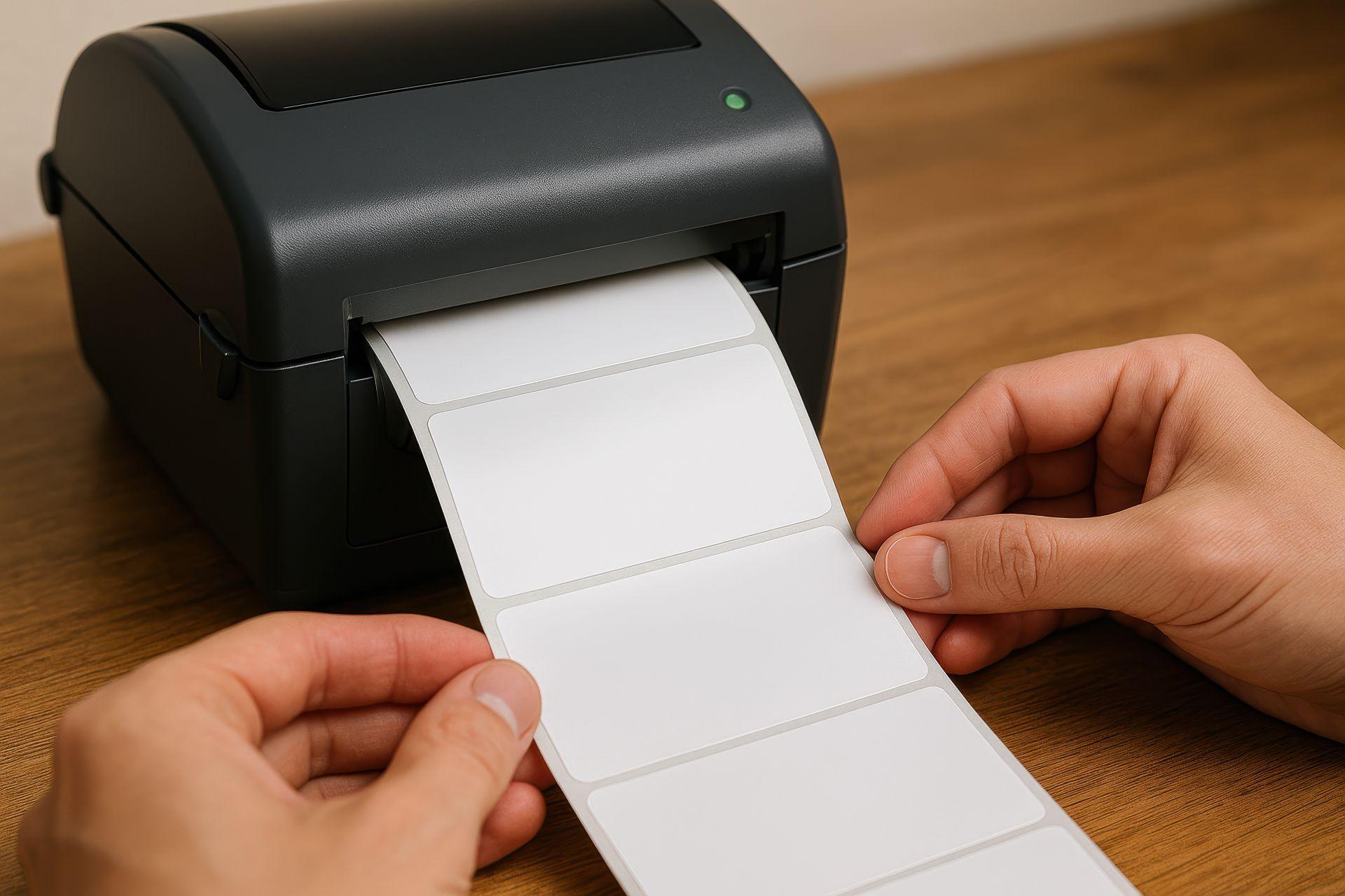 Hände führen Etikettenrolle in einen kompakten Barcode Drucker auf einem Holztisch ein